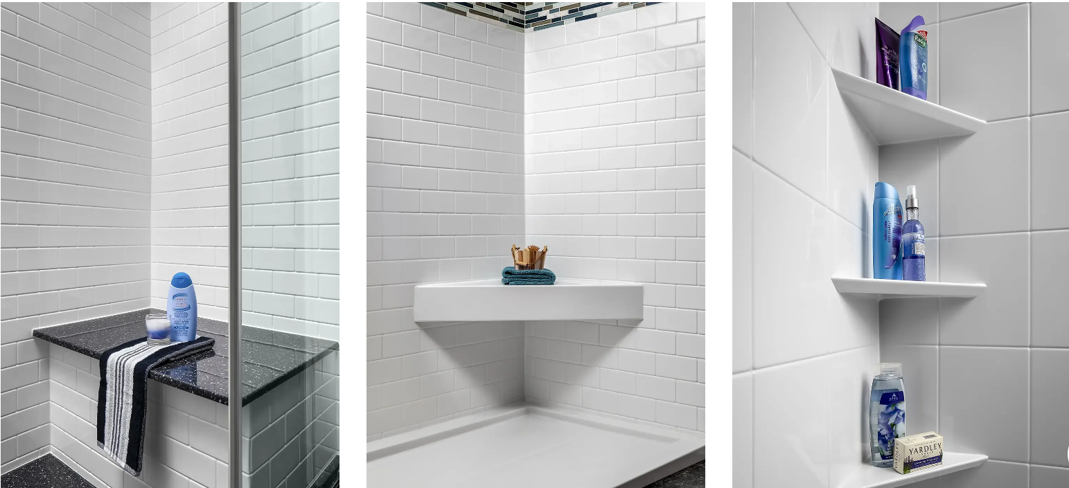 Three examples of shower seating and built-in storage