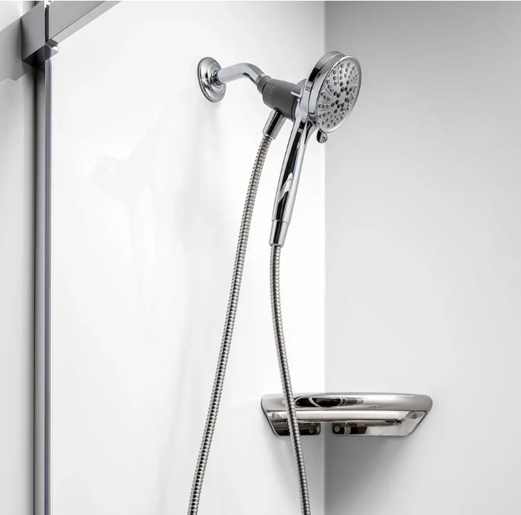 Handheld shower fixture in a bright, easy-care shower